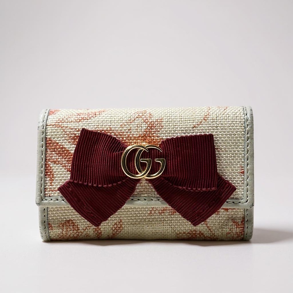 Gucci Floral Ribbon Canvas Leather with Burgundy Bow Key Case